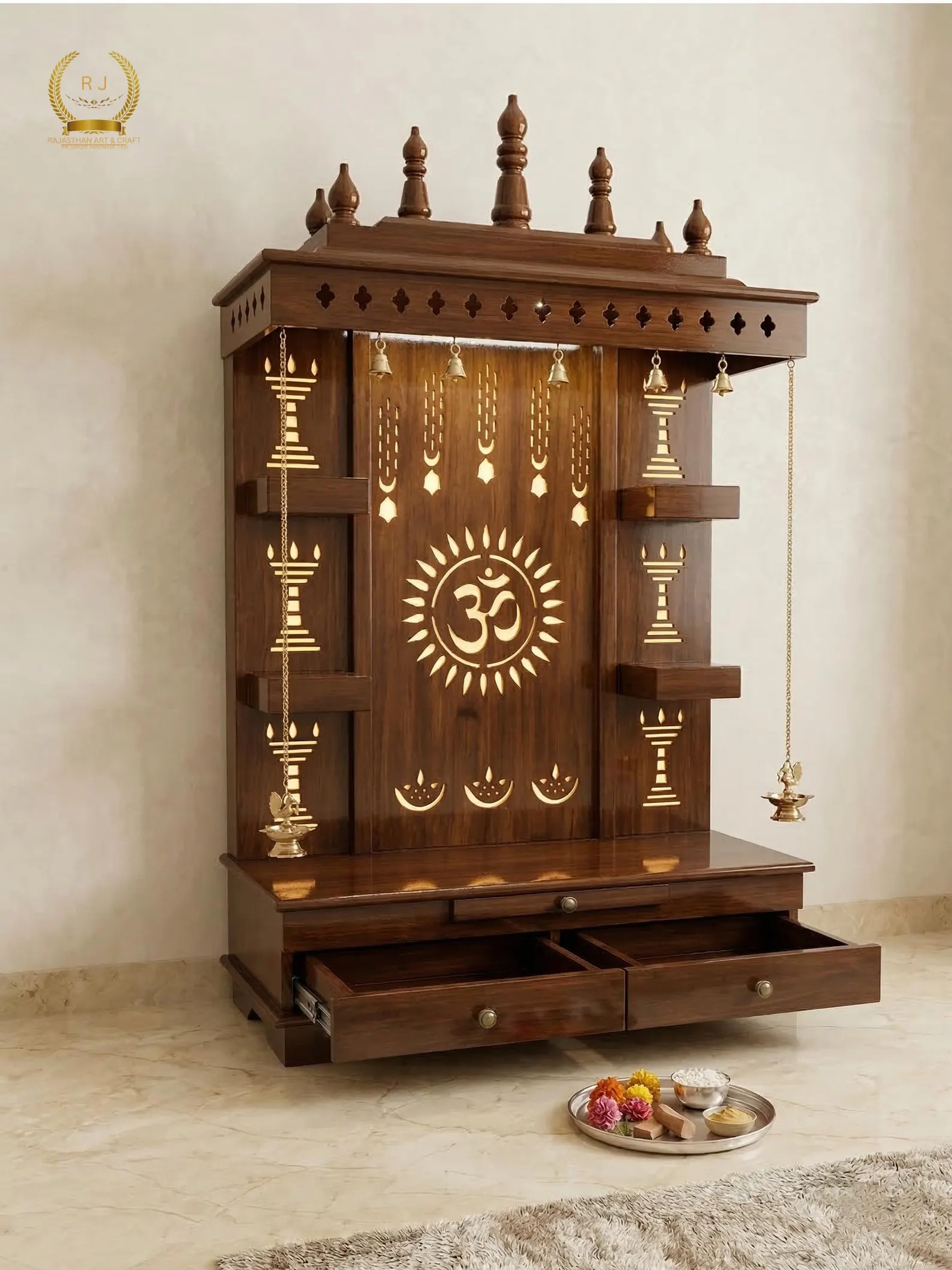 Handcrafted Mandir, Dark brown with LED OM Symbol