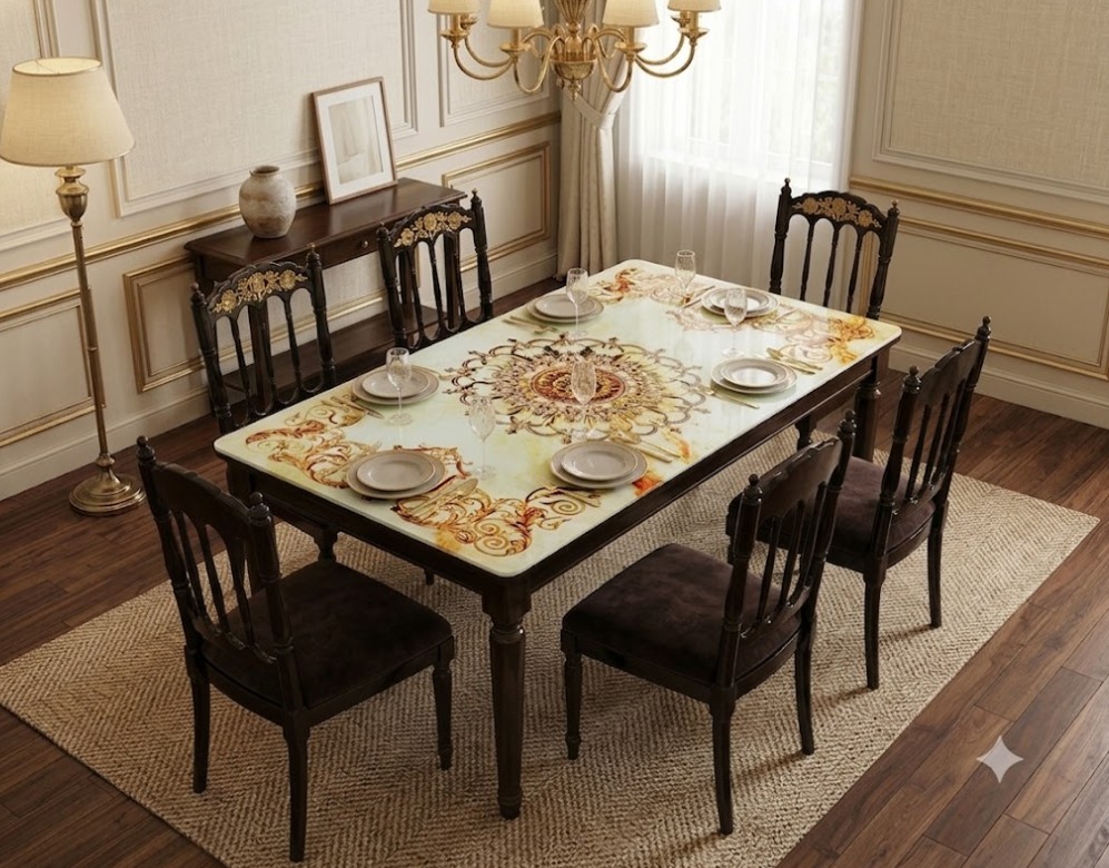 Regal 6-Seater Dining Set with Ornate Motif Tabletop